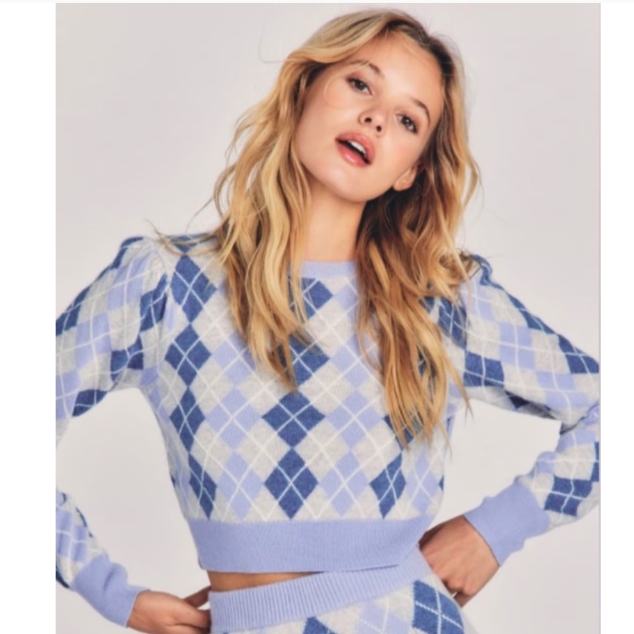 Nwt Loveshackfancy Size S Glinda Cropped Sweater In Blue